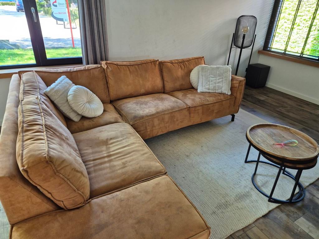 Comfortabele hoekbank in cognac kleur, Ophalen of Verzenden, Gebruikt, Stof, Modern, Comfortabel