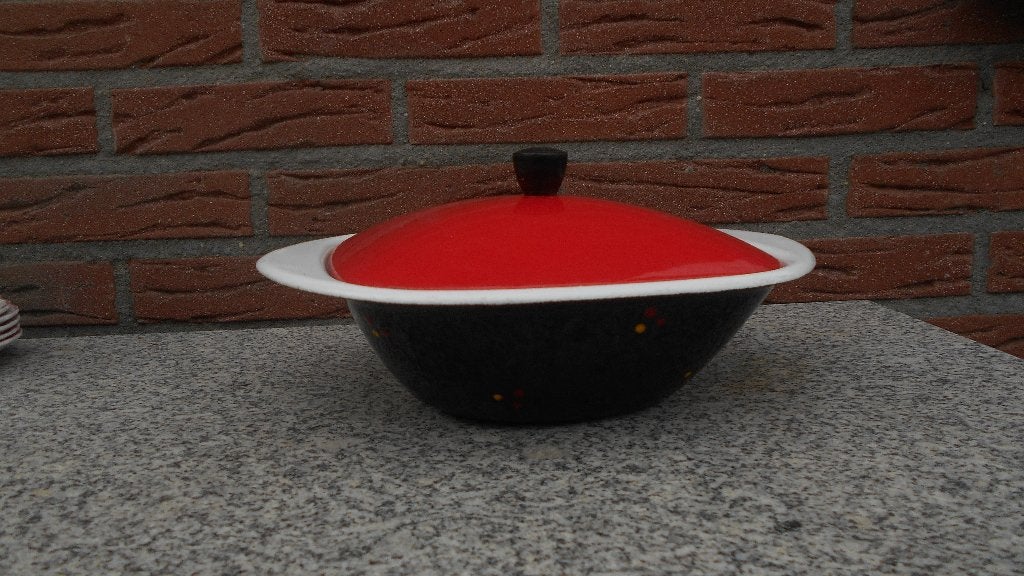 DRU ULFT Confetti serie hoge pan  deksel email rood vierkant, Antiek en Kunst, Ophalen of Verzenden