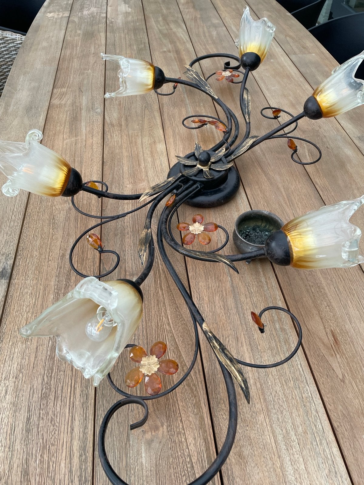 Vintage Plafondlamp met 6 Glazen Bloemen - Zwart/Goud, Overige merken, Gebruikt, Zwart, E14 (klein)