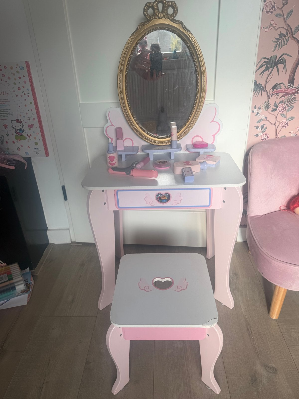 Roze houten kaptafel met krukje en accessoires, Ophalen of Verzenden, Gebruikt, Toebehoren