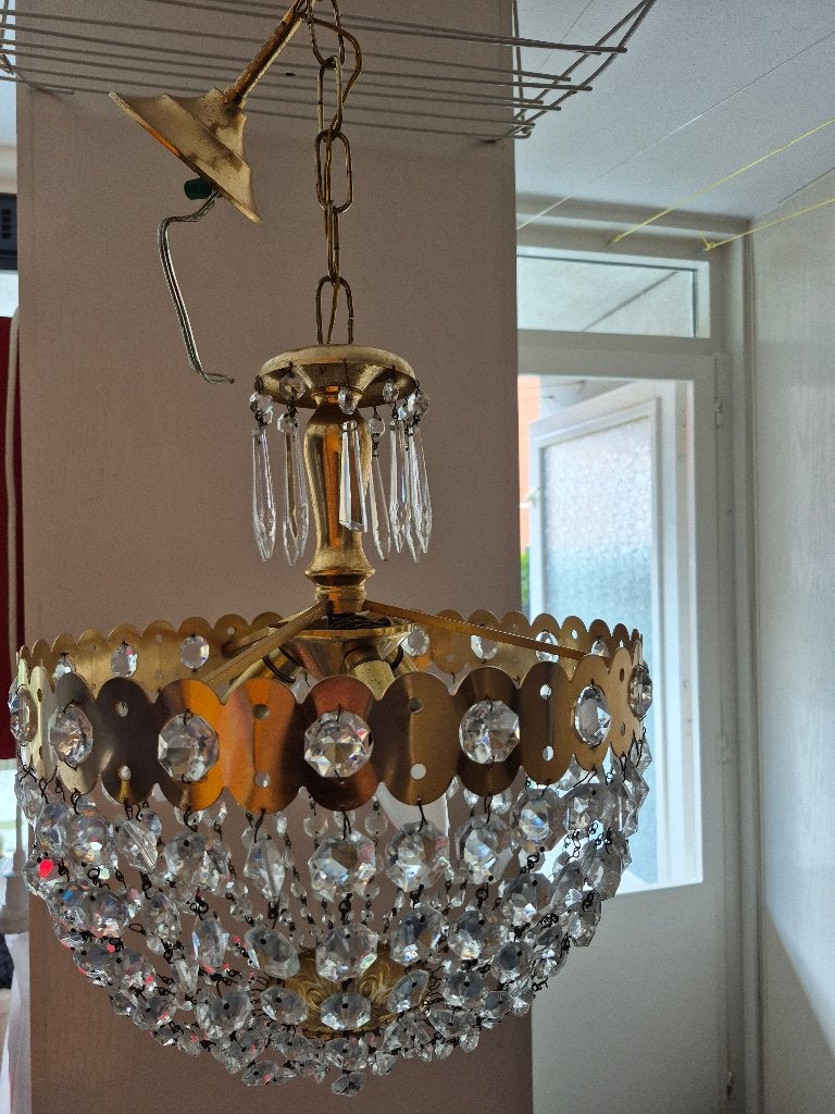 Vintage kroonluchter/hanglamp met kristallen - Goudkleurig, Glas, Gebruikt, Vintage, Klassiek, Glamour, E27 (groot)