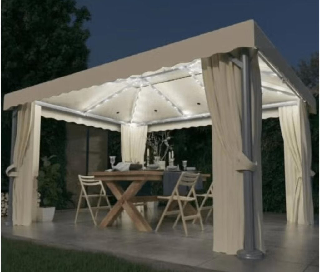 vidaXL Prieel met gordijn en LED-lichtslinger 4x3 m crèmewit, Tuin en Terras, Partytenten, Opvouwbaar, Partytent, Nieuw, 4 tot 6 meter