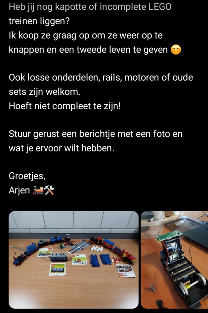 Gevraagt oude kapotte lego treinen, Ophalen of Verzenden, Gebruikt