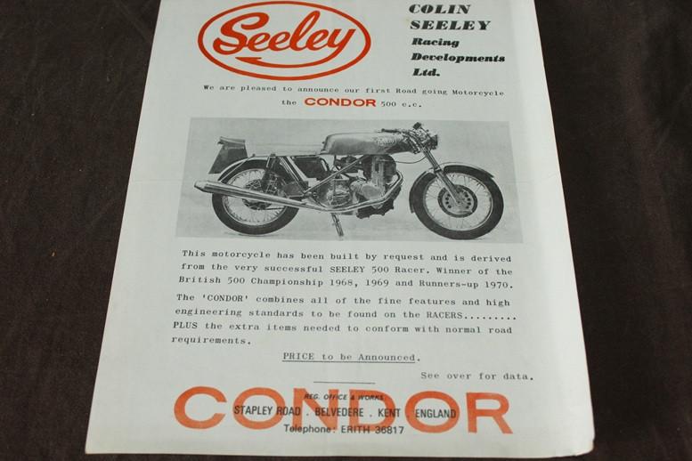 Condor Colin Seeley 500cc 1970 motorfiets verkoop folder, Ophalen of Verzenden, Overige merken
