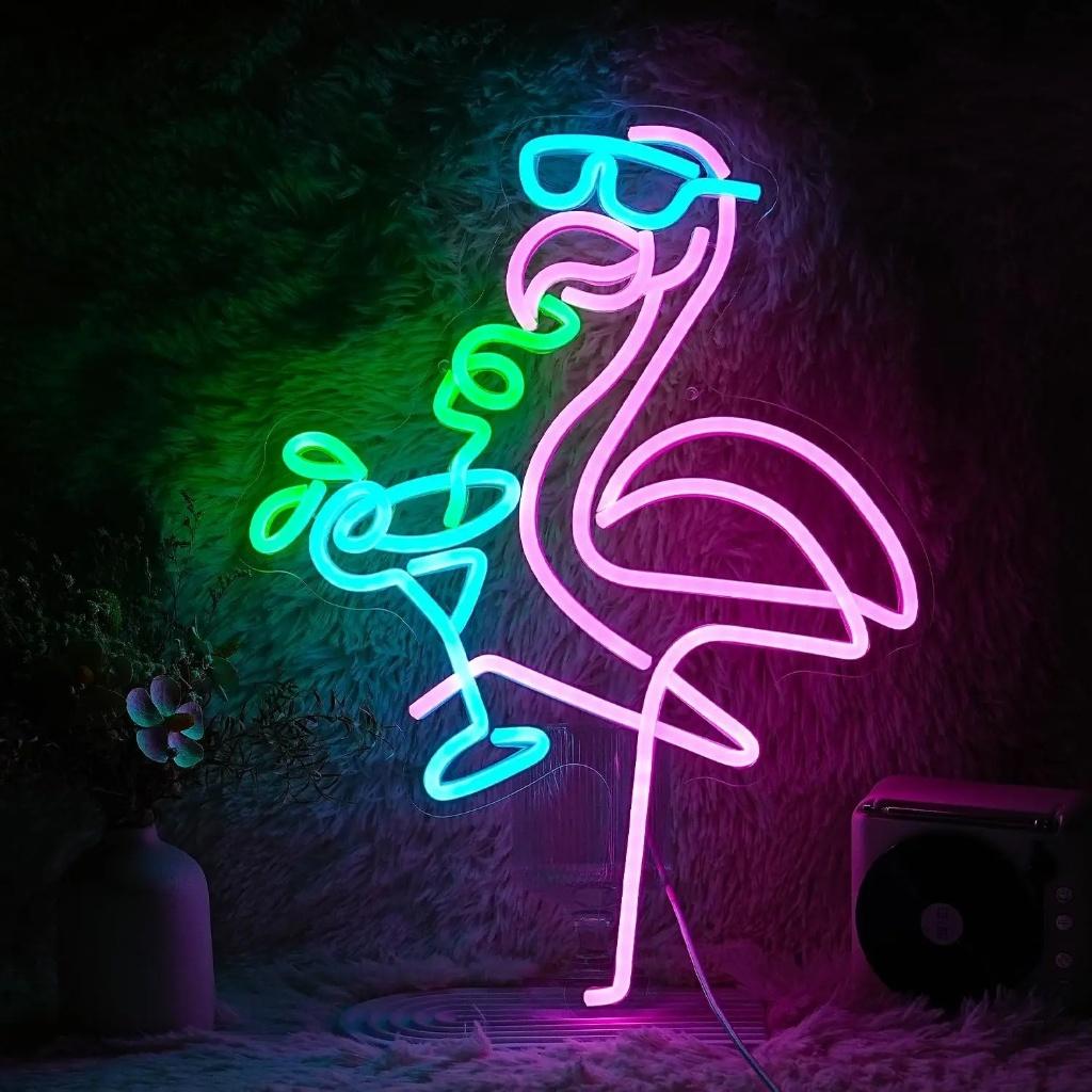 LED lamp neon stijl Flamingo met Cocktail (40 x 31cm), Ophalen of Verzenden, Nieuw, Lichtbak of (neon) lamp