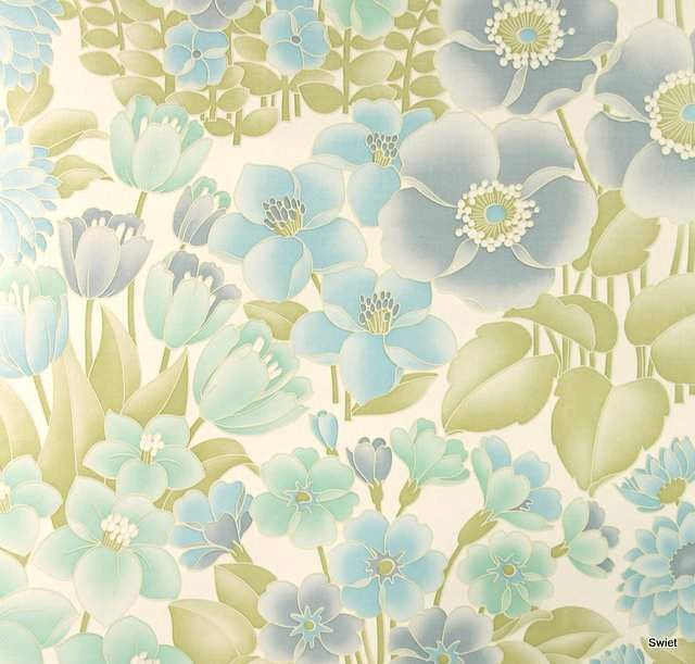 5710 Vintage blauw groen bloemenbehang retro vrolijk swiet, Ophalen of Verzenden, Blauw