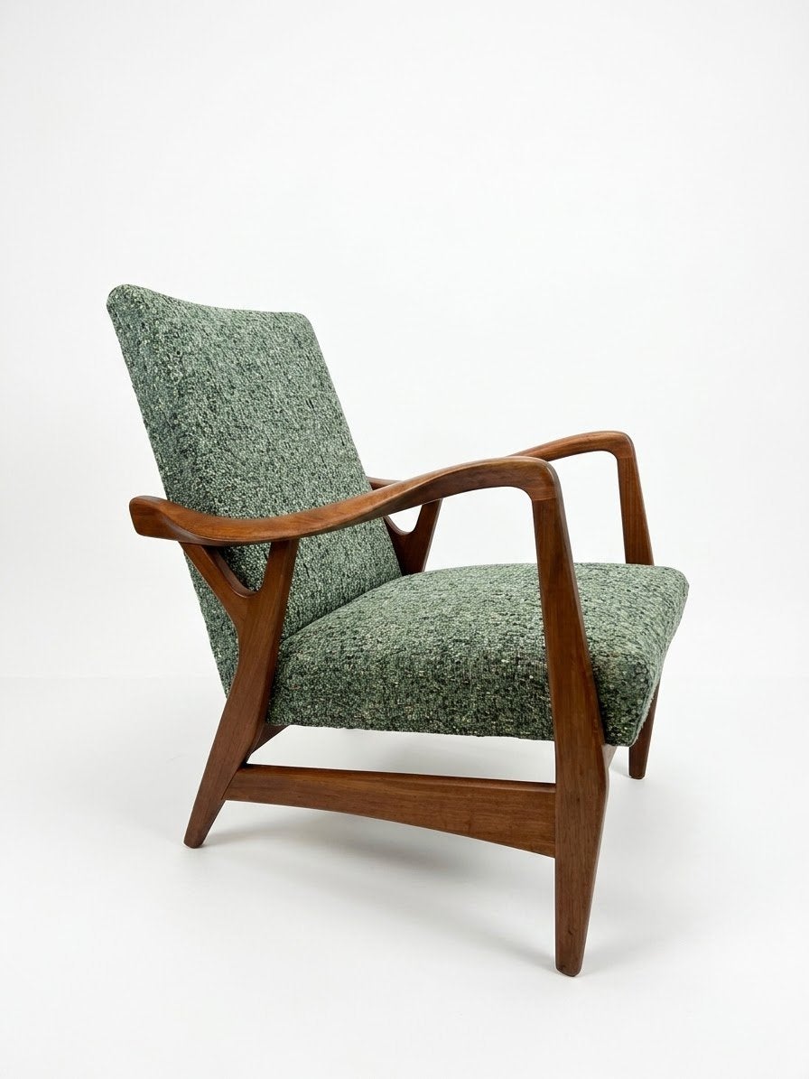 Vintage fauteuil nieuw gestoffeerd groen gemeleerd blauw, Hout, ., Vintage, 75 tot 100 cm