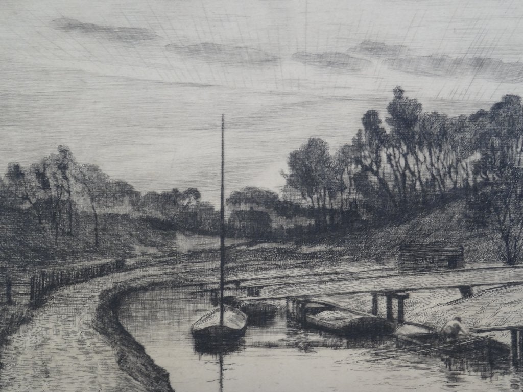 Ets beek met boten en dijk, A.J. Grootens, 1913, Antiek en Kunst, Landschap, Origineel, 1900 - 1949, Verzenden