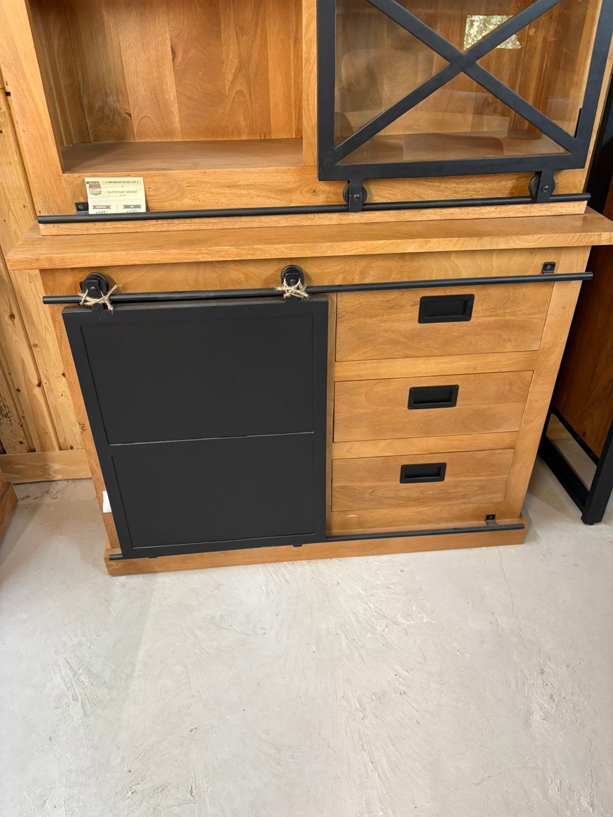 Buffetkast Denver 120  220 cm met schuifdeuren – €550, 200 cm of meer, Nieuw, Ophalen of Verzenden, Glas