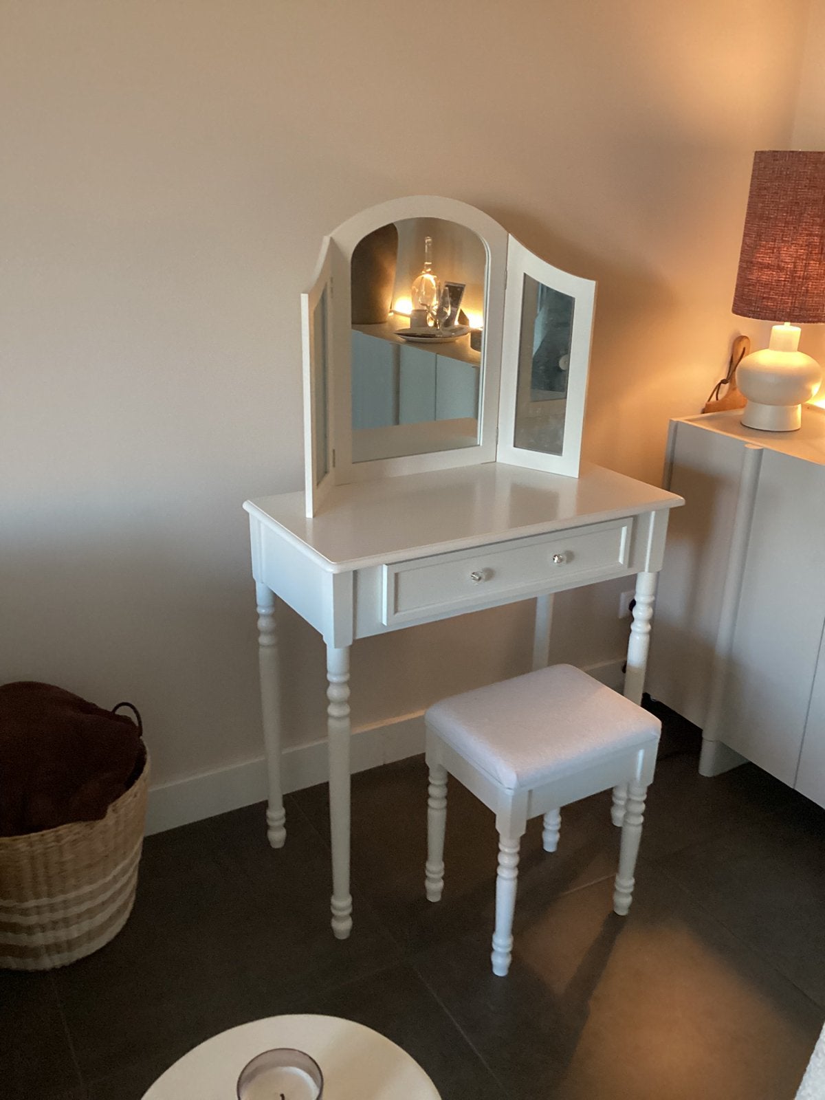 Witte Kaptafel met lade incl. spiegel en bijbehorend krukje, Ophalen, Gebruikt, 50 tot 100 cm, Minder dan 100 cm