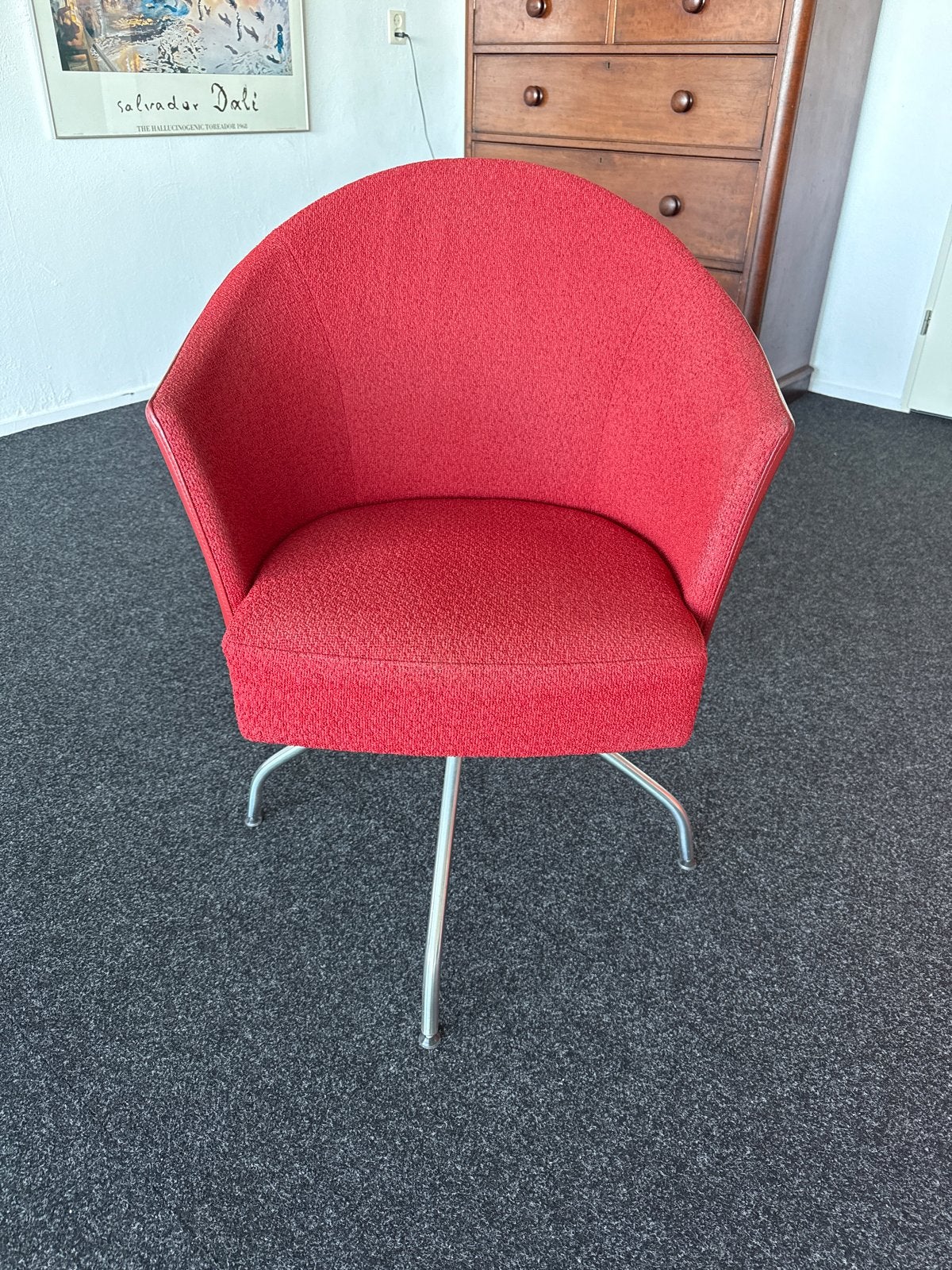 Montel Floris design draaikuipstoel - tabasco rood leer/stof, Ophalen, Gebruikt, Leer, Vier