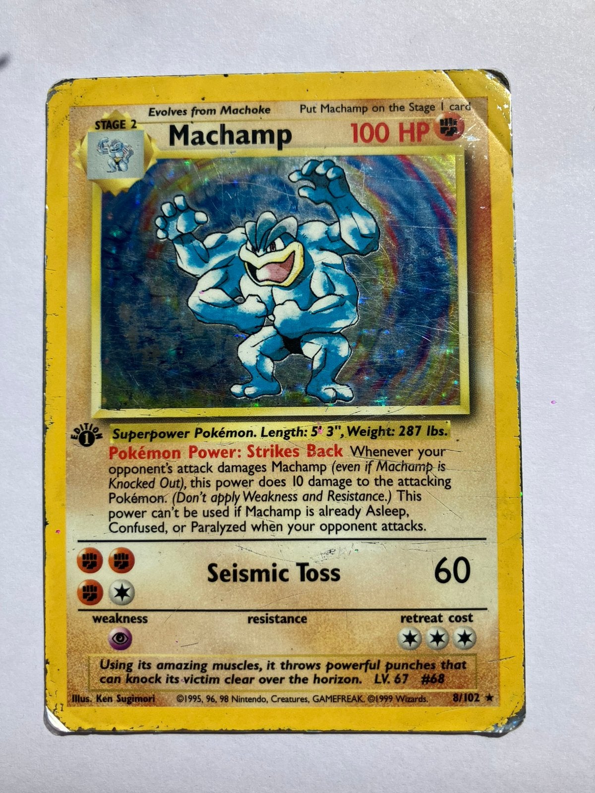 Machamp Holo 1st Edition - Base Set Pokémon kaart, Hobby en Vrije tijd, Verzamelkaartspellen | Pokémon, Ophalen of Verzenden, Gebruikt