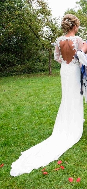 Elegante trouwjurk kant lange mouw open rug sleep maat 36, Ophalen, Zo goed als nieuw, Wit, Trouwjurk