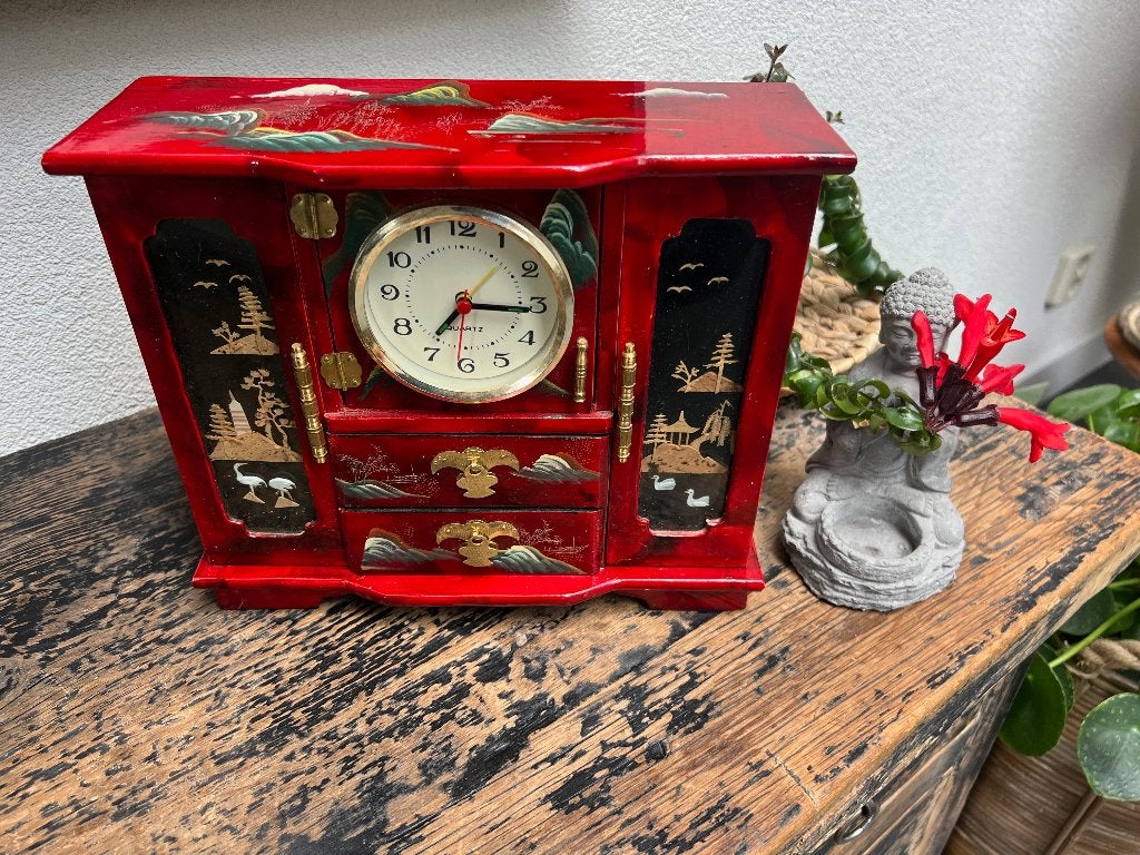 Chinees handbeschilderd diorama klok sieraden juwelen kastje, Hout, 24 cm, Doos, Ophalen of Verzenden