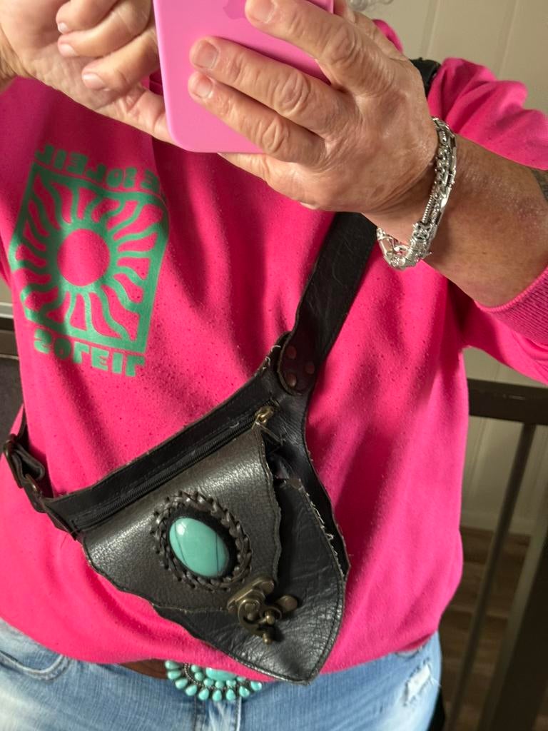 Festival Ibiza heuptasje leer zwart met turkoois edelsteen, Ophalen of Verzenden, Zo goed als nieuw, Zwart, Overige typen