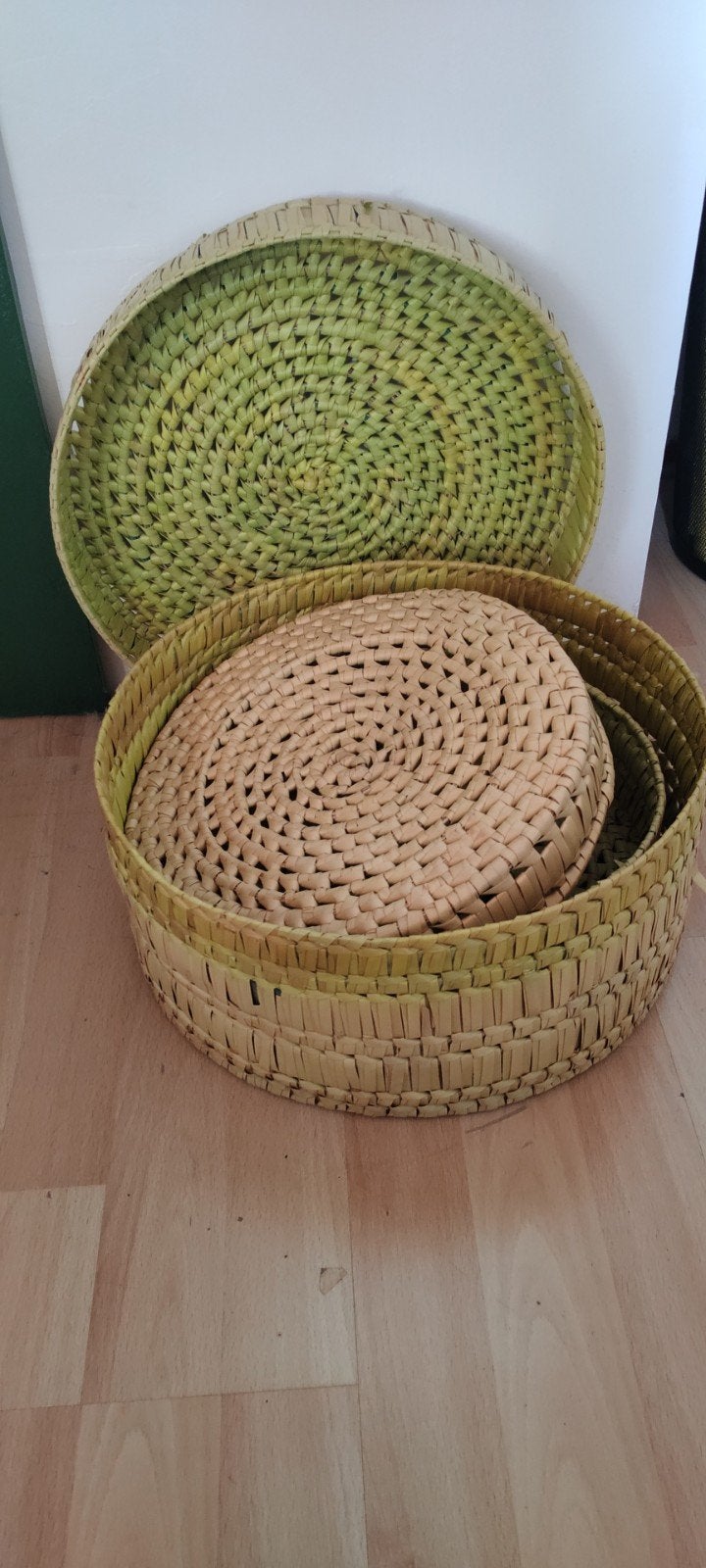 Set van 2 Zeegras Manden met Deksel - Ø39cm & Ø30cm, Gebruikt, Mand, Rond, Riet