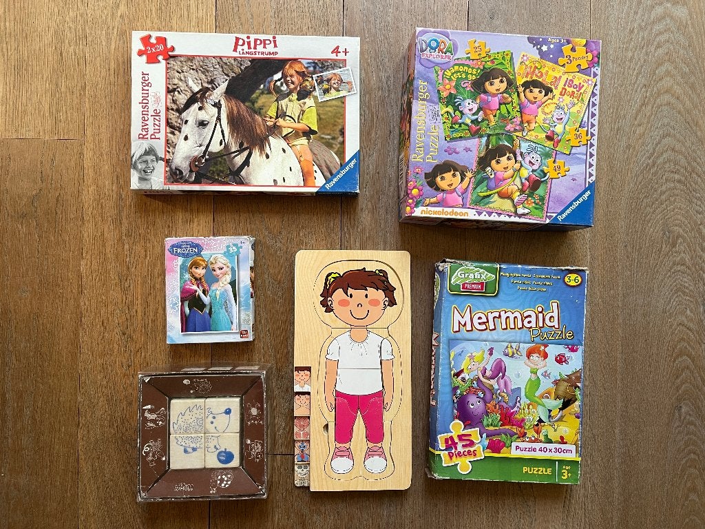 9 kinderpuzzels (Pippie, Dora, Zeemeerrminnen, Frozen), Ophalen, Gebruikt, 10 tot 50 stukjes, Van hout