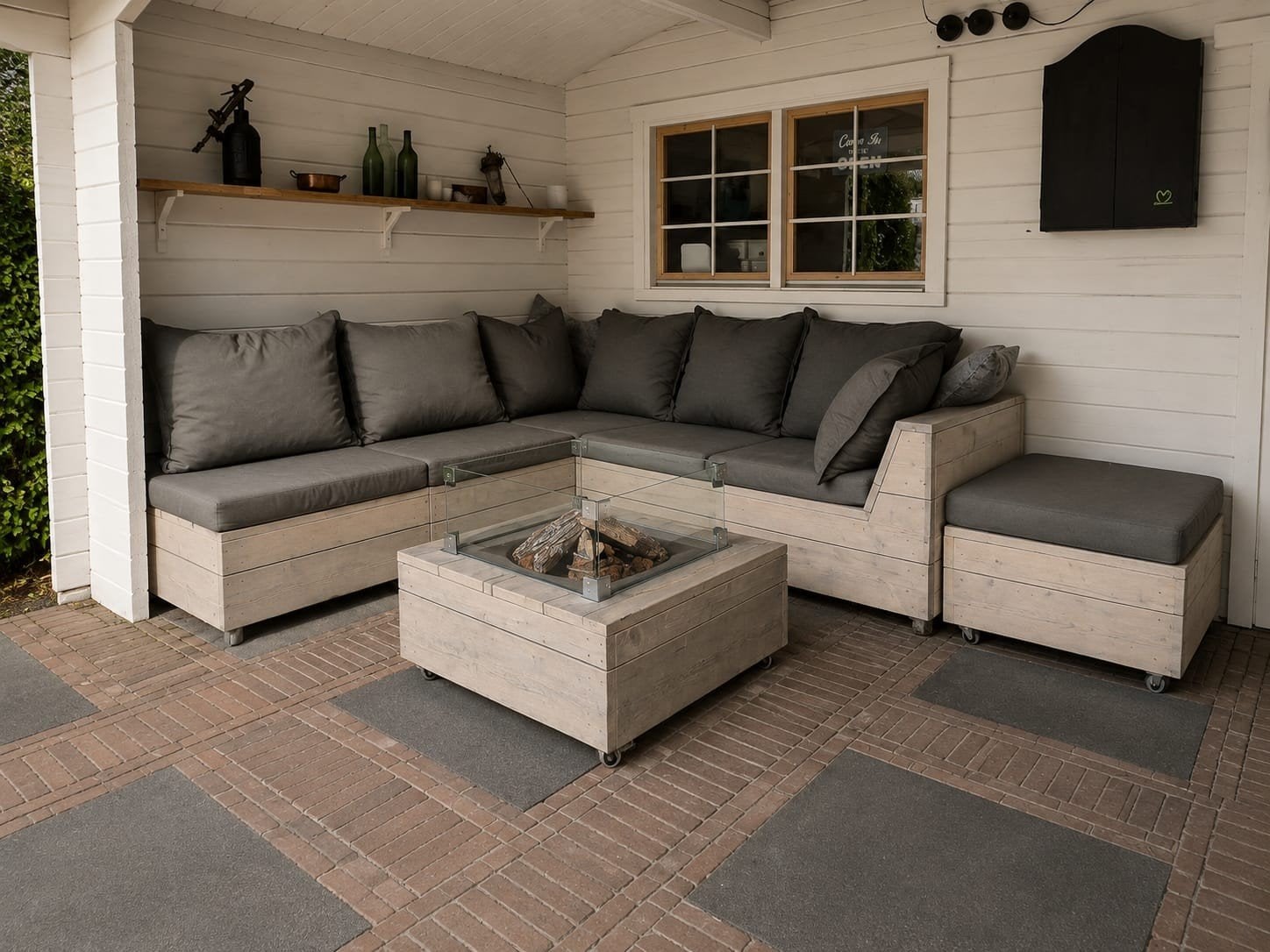 Steigerhouten loungeset met Happy Cocooning vuurtafel, Ophalen, Gebruikt, 6 zitplaatsen, Steigerhout