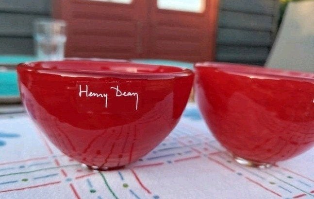 2 Henry Dean glazen kommetjes - rood, Gebruikt, Schaal, Rond, Ophalen of Verzenden