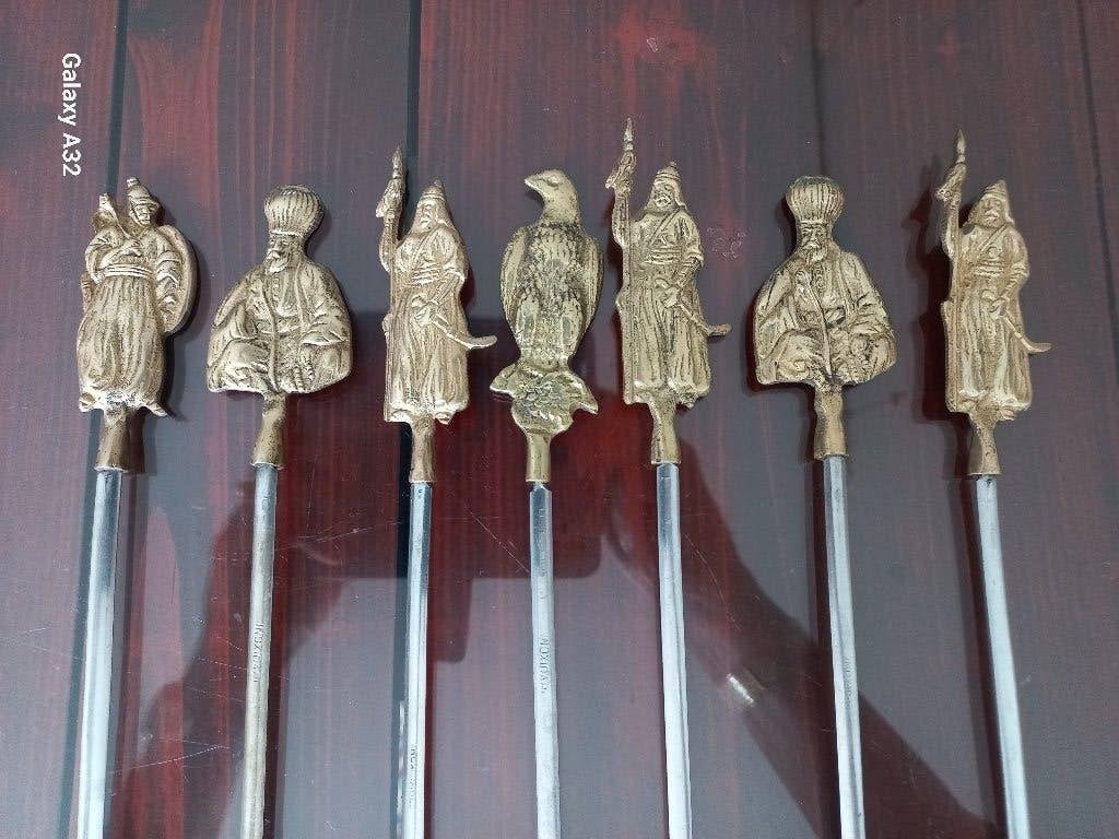 7 koperen Ottomaanse figuren op stalen pennen, BBQ spiezen, Antiek en Kunst, Antiek | Koper en Brons, Ophalen of Verzenden, Koper