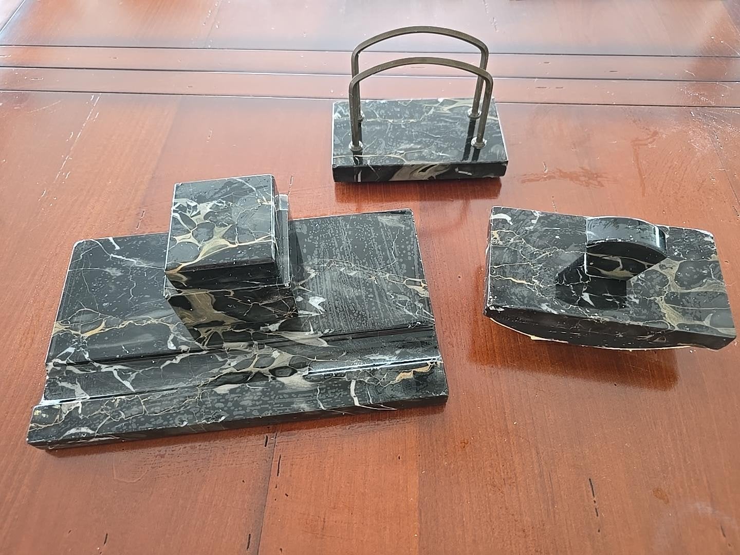 Marmeren bureauset – inktpot, brievenhouder & vloeiblok, Antiek en Kunst, Ophalen of Verzenden