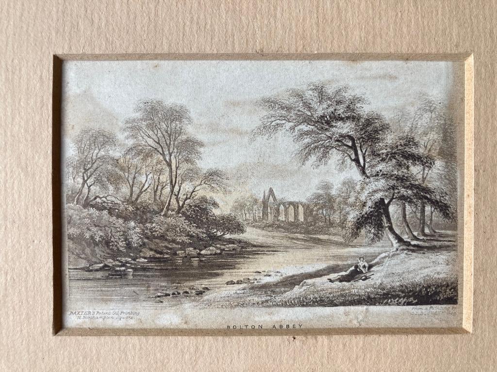 Antieke print ets gravure George Baxter – Bolton Abbey 1847., Antiek en Kunst, Kunst | Etsen en Gravures, Ophalen of Verzenden