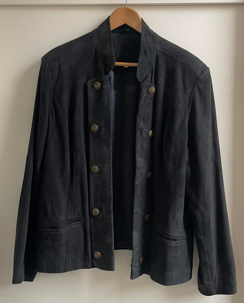 Donkerblauw suède blazer en rok - Scarva, Kleding | Dames, Jasjes, Kostuums en Pakken, Kostuum of Pak, Blauw, Maat 42/44 (L), Ophalen of Verzenden
