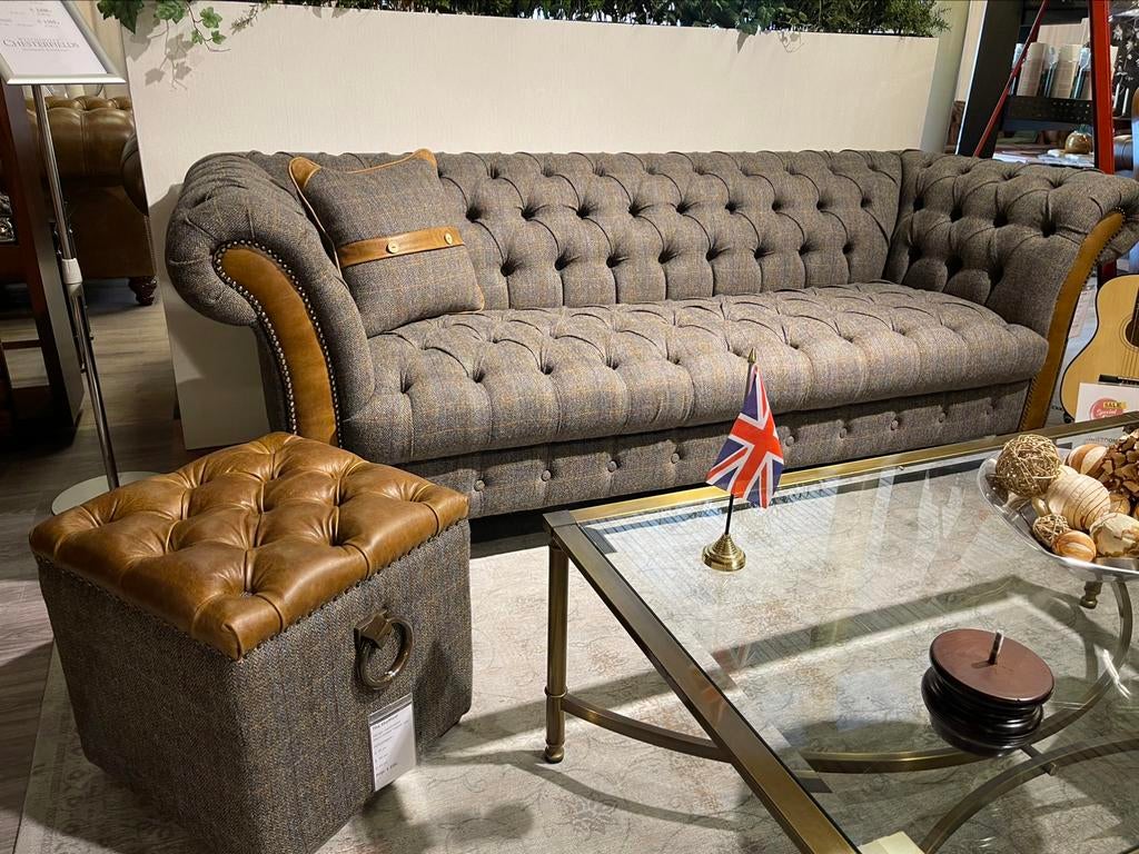 NIEUW: Chesterfield banken fauteuils Stof Harris Tweed leer, Ophalen of Verzenden, Nieuw, Rechte bank, Leer