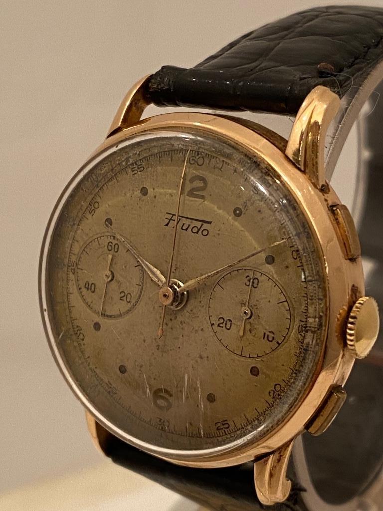 Vintage Fludo Chronograph 18 Karaat Goud Horloge Handopwind, Overige merken, Met bandje, Polshorloge, 1930 tot 1960