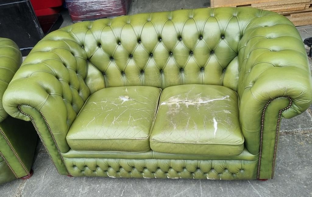 Vintage Chesterfield bankstel groen + BEZORGING GRATIS, Huis en Inrichting, Banken | Bankstellen, Gebruikt, ., Chesterfield, Leer