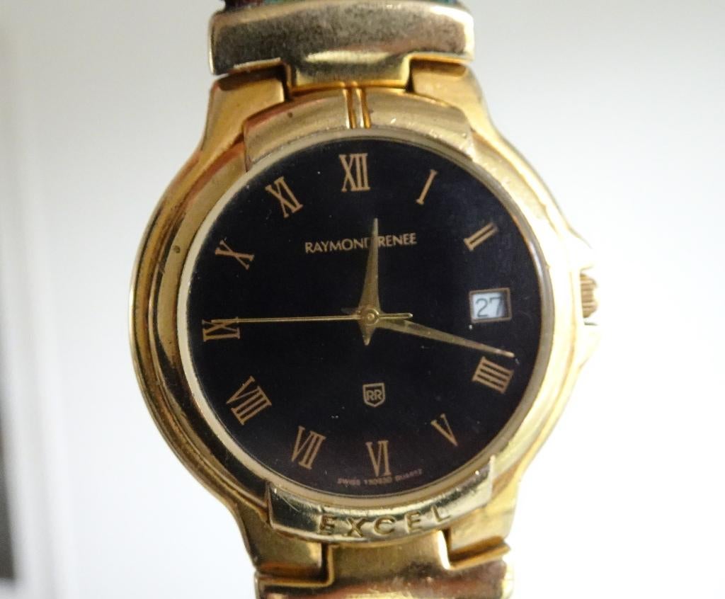 Vintage Raymond Renee Dameshorloge 23 Karaat Goldplated, Leer, Zo goed als nieuw, Goud, Ophalen