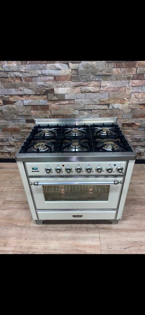 Luxe Boretti Majestic Fornuis 6 pits creme/chrome 90 cm, Witgoed en Apparatuur, Fornuizen, Zo goed als nieuw, Vrijstaand, Gas