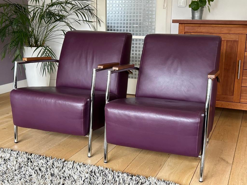 Twee mooie leren Montel fauteuils - aubergine, Ophalen, Zo goed als nieuw, Modern, 50 tot 75 cm