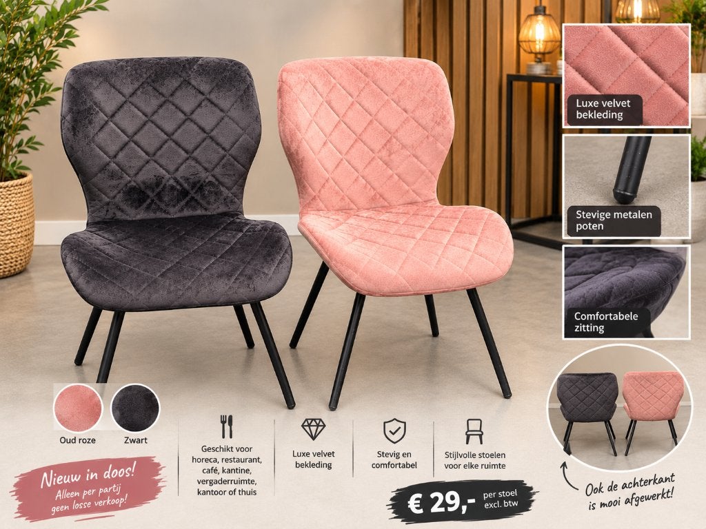 Nieuwe Velvet Horeca Stoelen Oud Roze & Zwart – €29,- p.st., Ophalen of Verzenden, Info@jafo.nl, Nieuw in verpakking, .