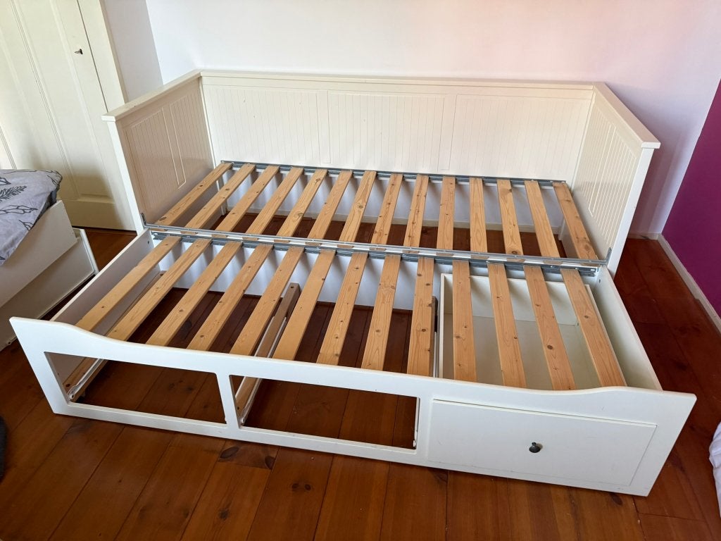 Ikea Hemnes bedbank uitschuifbaar met 3 lades, Ophalen, Gebruikt, Wit, Tweepersoons