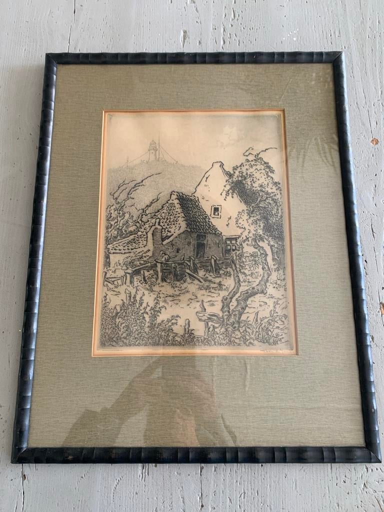 Ets van Toon de Jong: Gezicht op een boerderij., Ingelijst, Ets, Ophalen of Verzenden, 39 cm