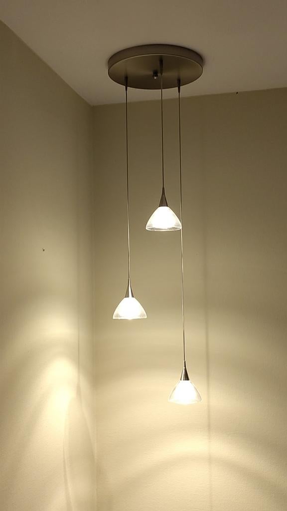 led Scandinavische design glas hanglamp - 3 kelken RVS kap, Huis en Inrichting, Lampen | Hanglampen, Ophalen, Gebruikt, Glas, 75 cm of meer