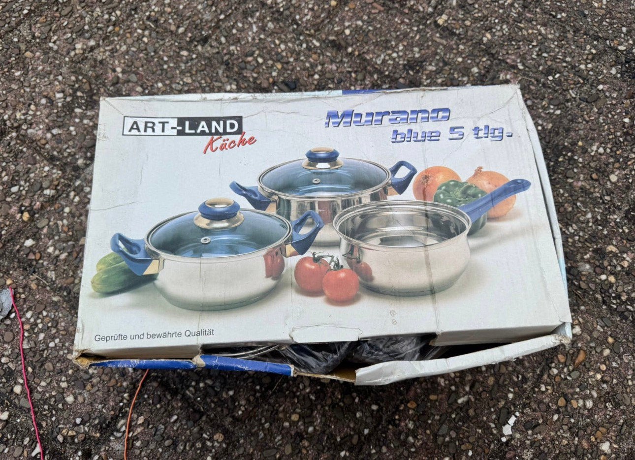 Pannenset nieuw in doos, Huis en Inrichting, Ophalen, Zo goed als nieuw, Rvs, Pannenset