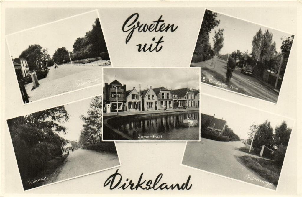 Groeten uit Dirksland - 5 afb o.a. Zomerstraat - 1955 gelope, Verzamelen, Ophalen of Verzenden, 1940 tot 1960, Gelopen, Zeeland