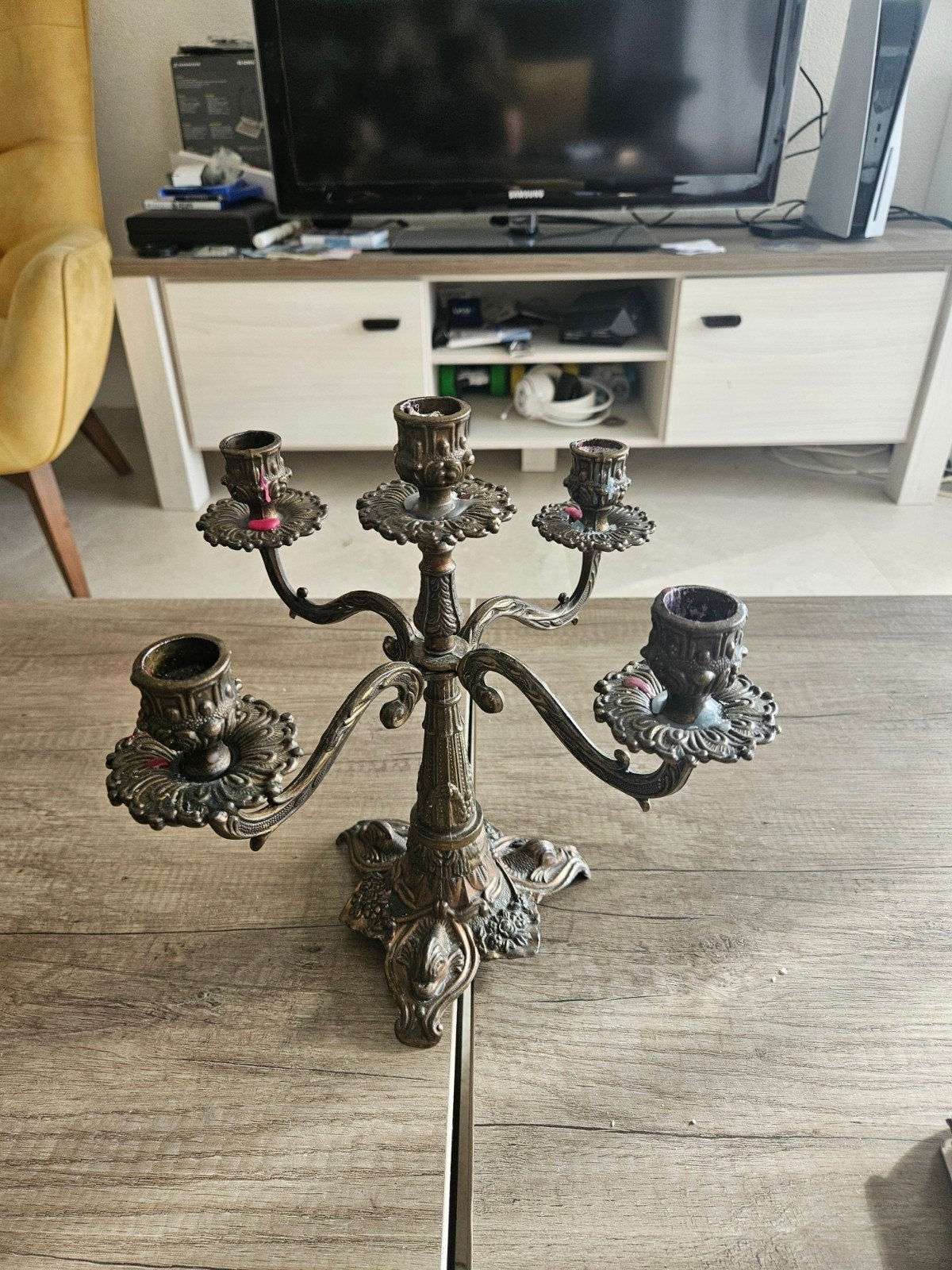 Antieke bronzen kandelaar met vijf armen, Ophalen of Verzenden, Koper of Brons