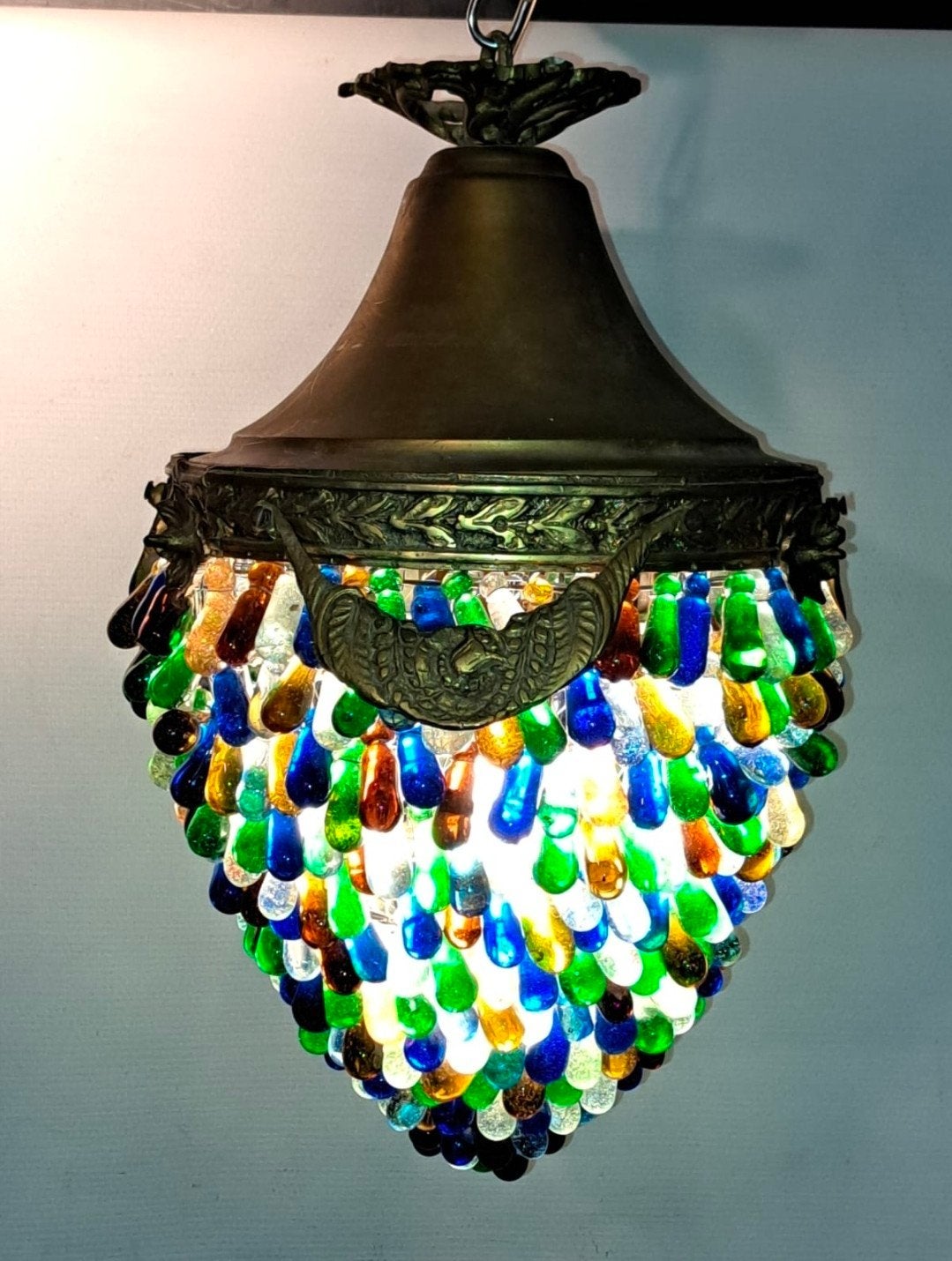 Antieke hanglamp, 20s/30s, brons en glas, Ophalen of Verzenden