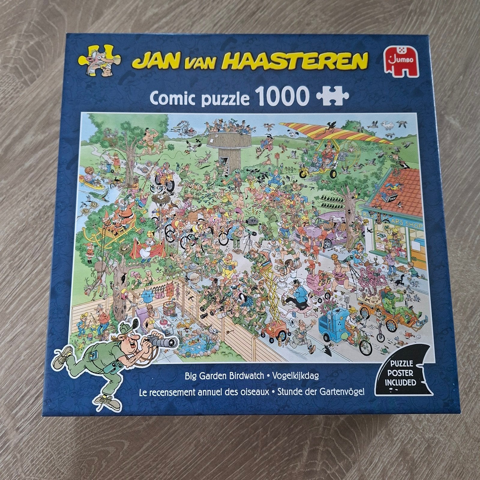Te koop: Jan v Haasteren puzzel 1000 stukjes "Vogelkijkdag", Ophalen of Verzenden, 500 t/m 1500 stukjes, Zo goed als nieuw