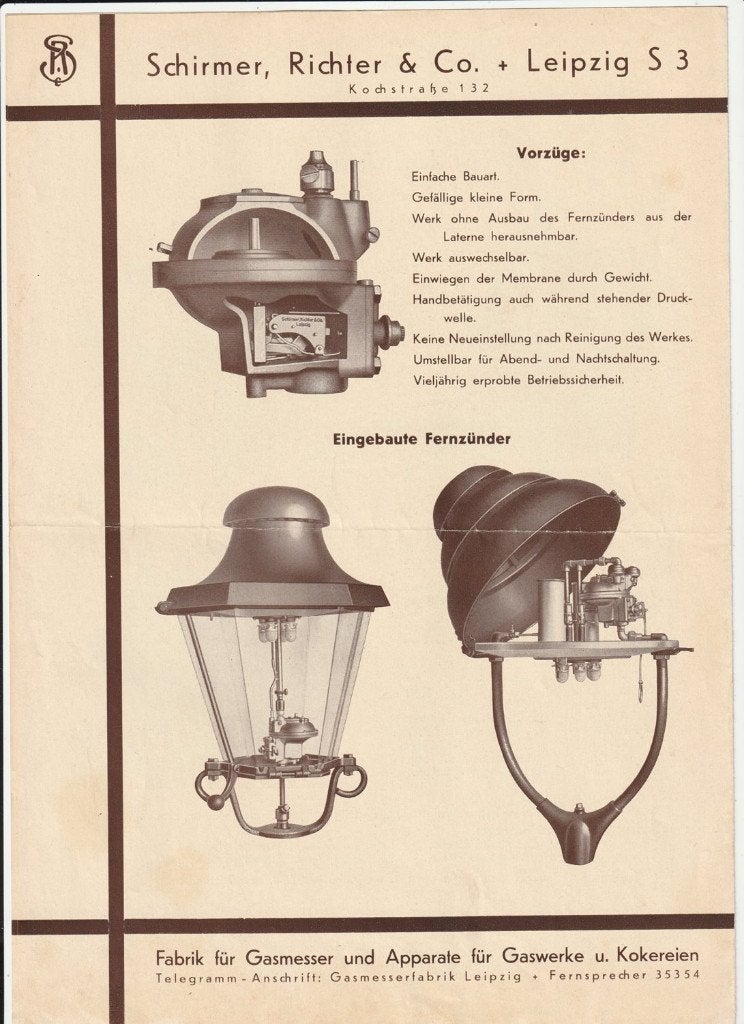 Folder straatlantaarn gaslamp Schiriko Schirmer, Richter, Verzenden, Gelezen, Folder