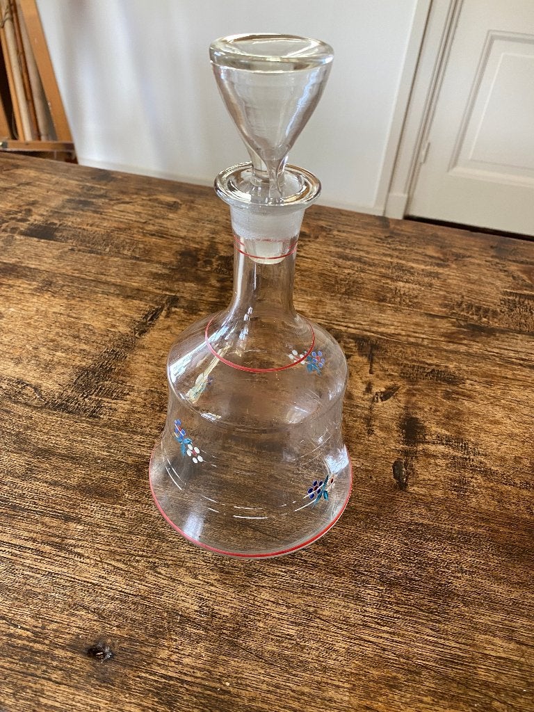 Brocante schitterende karaf emaille bloemen op het glas, Antiek en Kunst, Ophalen of Verzenden
