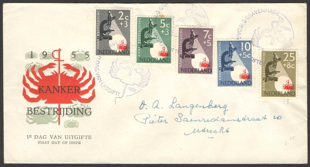 Nederland FDC E23 Met Adres, Kankerbestrijding 1955, Postzegels en Munten, Ophalen of Verzenden, Beschreven, Nederland