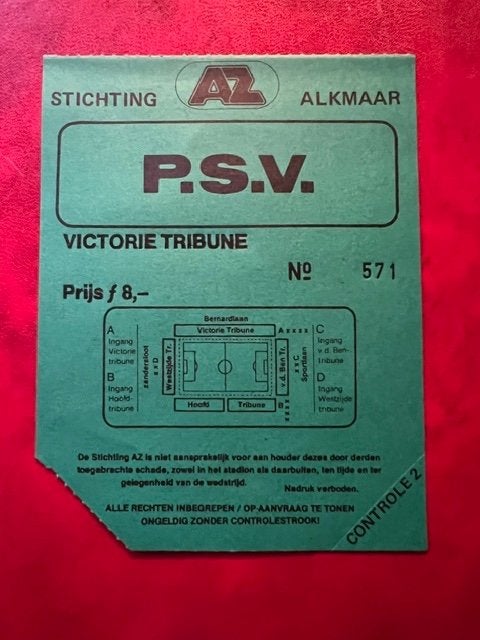 Oud Voetbal ticket kaartje AZ Alkmaar - PSV 1981 - 1982 luxe, Verzamelen, Verzenden, Zo goed als nieuw, PSV, Poster, Plaatje of Sticker