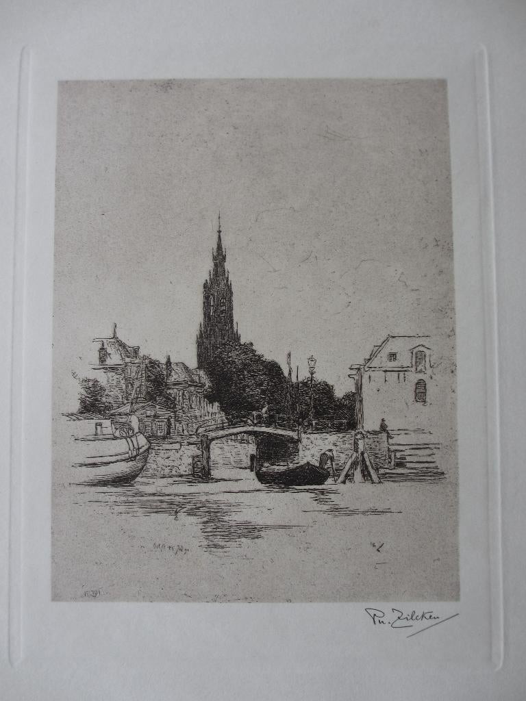 Philippe Zilcken Gezicht op het Mallegat te Delft, Antiek en Kunst, Gesigneerd, Ophalen of Verzenden, 23 cm, 18 cm