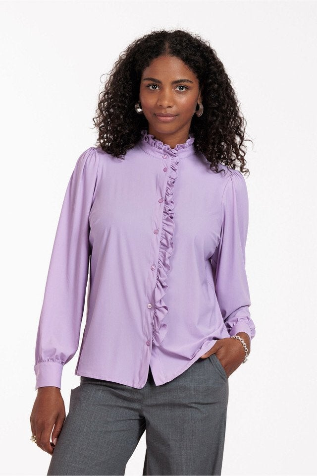 Studio anneloes idetta ruffle blouse L lila travelstof, Paars, Maat 42/44 (L), Ophalen of Verzenden, Zo goed als nieuw