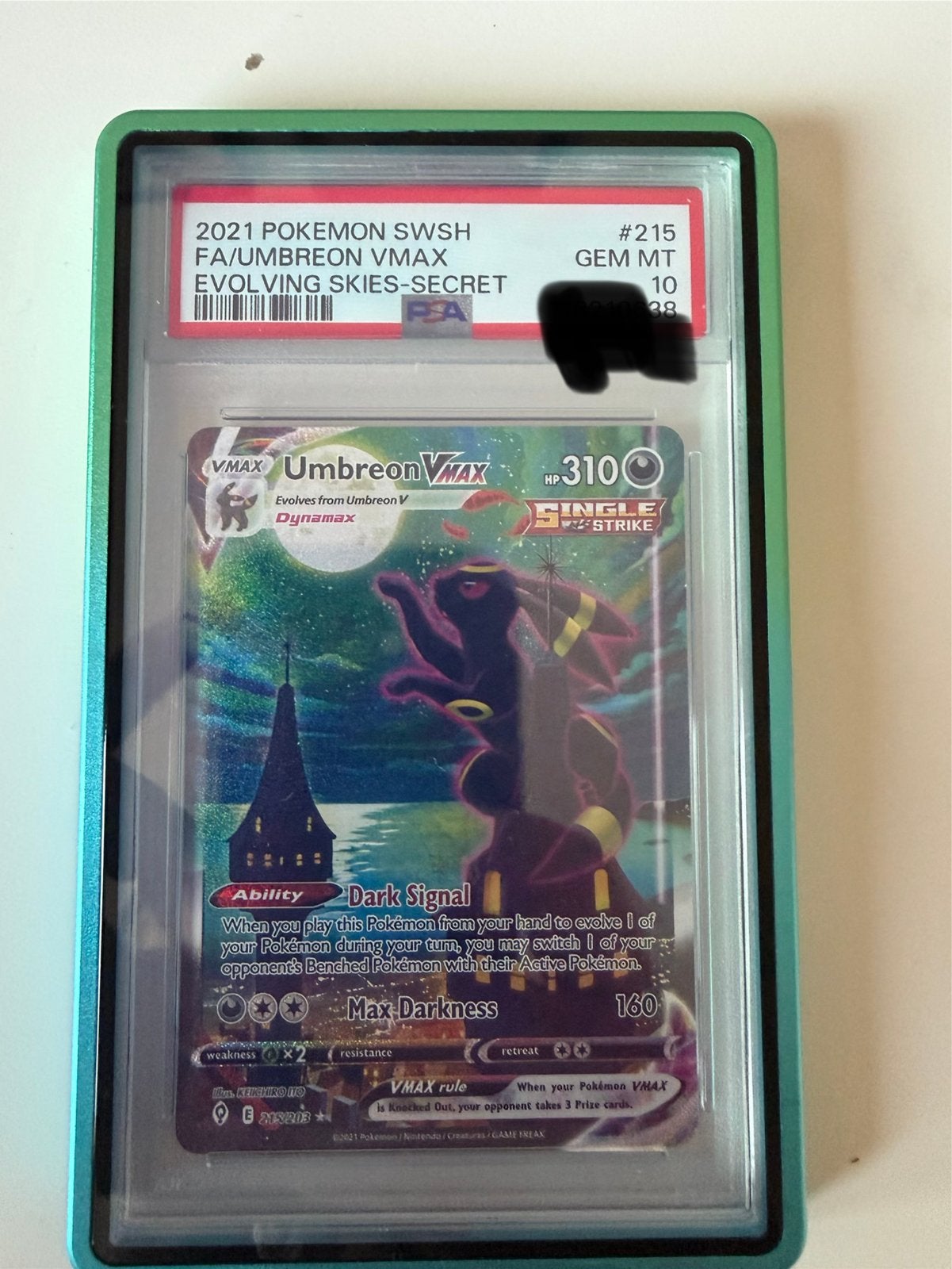 Pokémon Umbreon VMAX Evolving Skies Secret PSA 10, Ophalen of Verzenden, Zo goed als nieuw, Losse kaart