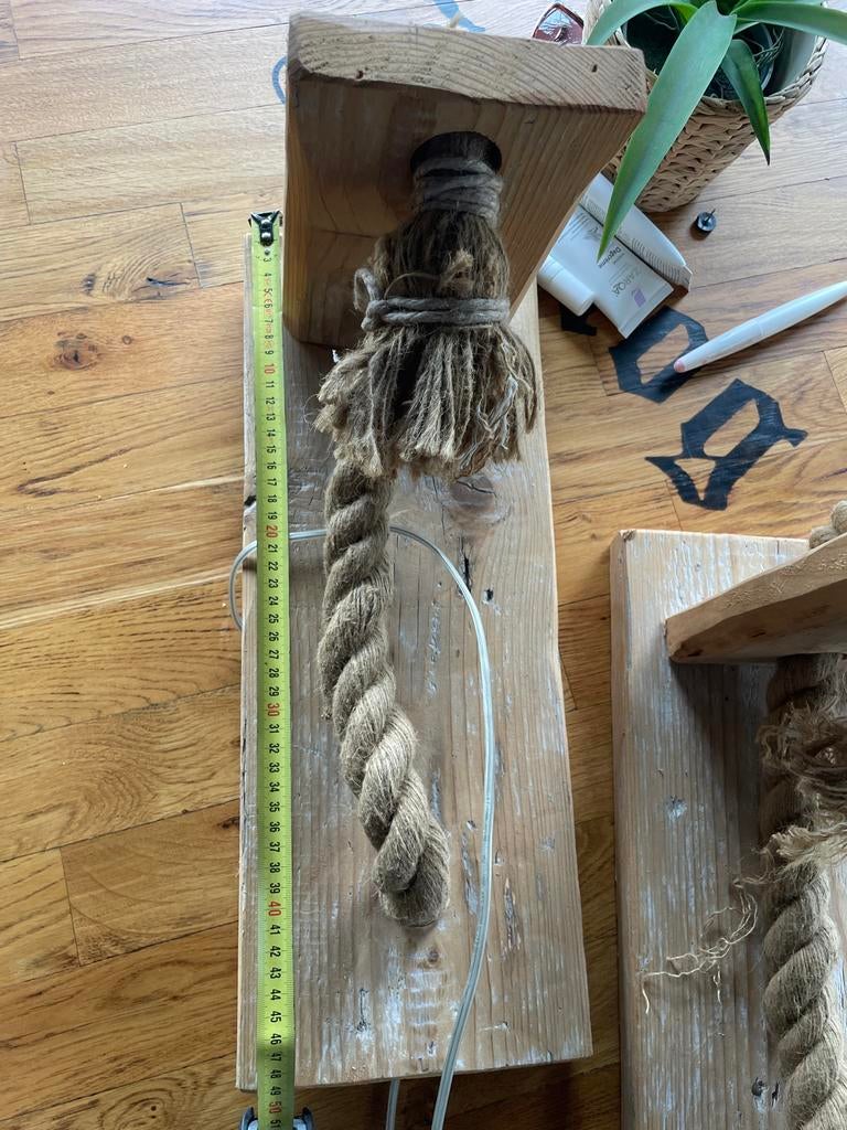 Houten wandlampen met scheepstouw - Set van 2, Ophalen of Verzenden, Gebruikt, Hout